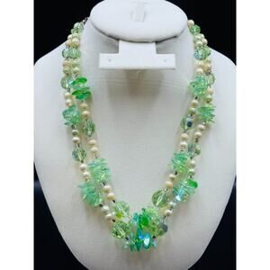 Vintage Green Czech Glass Necklace AB Crystal Faux Pearl Beads Some Uranium Bead